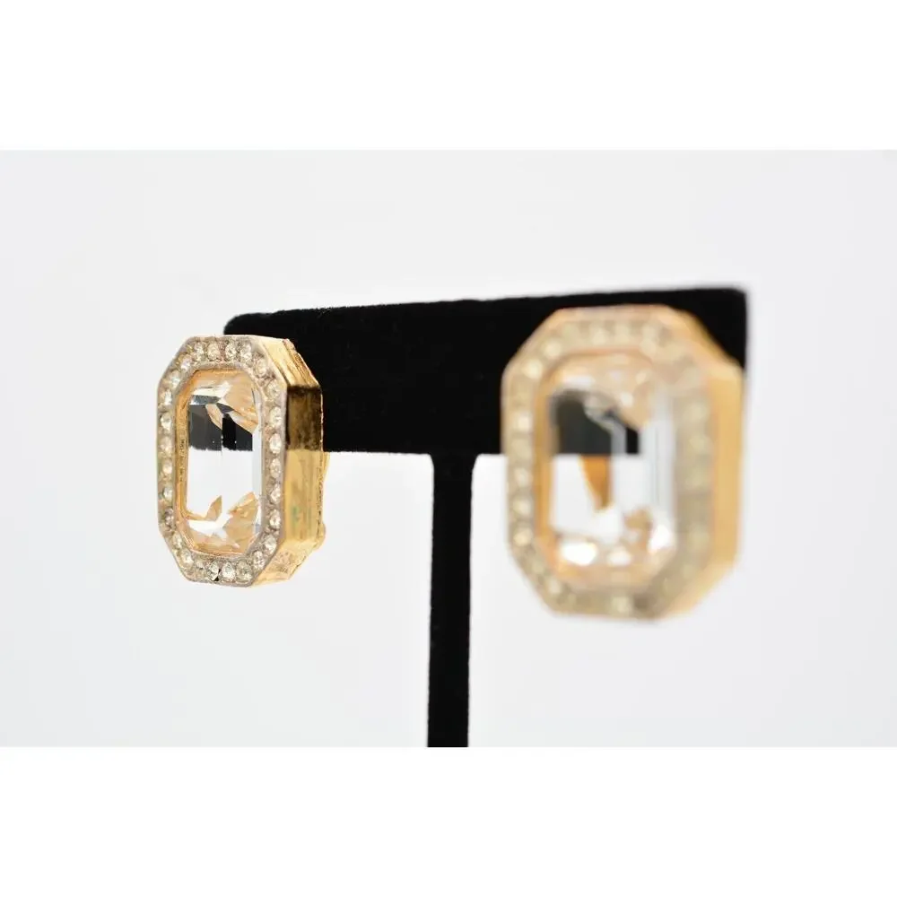 Vintage Crystal Clip On Earrings Peach Rhinestone Baguette Gold Chunky 1980s 9L